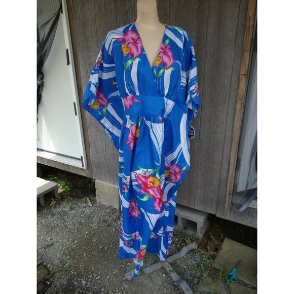 NOS Vtg Hawaiian OS Hattie Summer Bold Blue Pink Floral Dress Maxi Muu Muu +Size - Picture 1 of 11